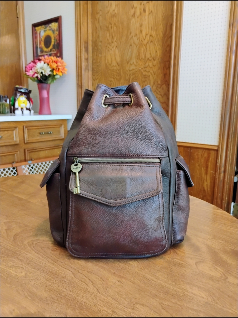 Fossil Dark Brown Pebble Grain Leather Drawstring Flap Bucket Backpack / Purse